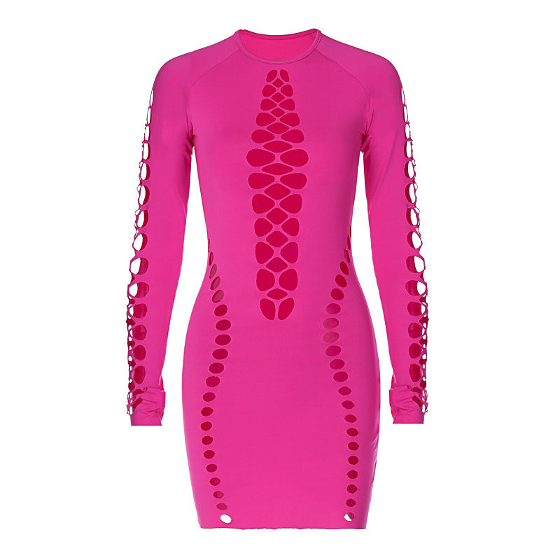 Solid Color Hollow-out Long Sleeve O-neck Short Close-fitting Dress