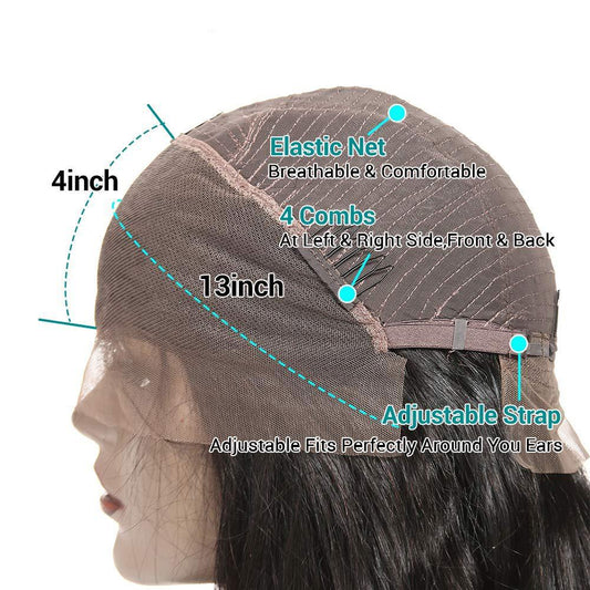 13×4 full frontal lace human hair wig with HD lace and natural hairline.