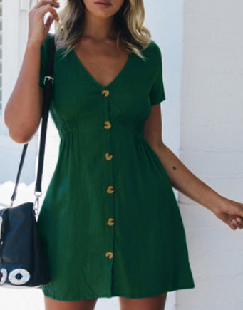 New women's solid color V-neck slim single-breasted button high waist dress for women