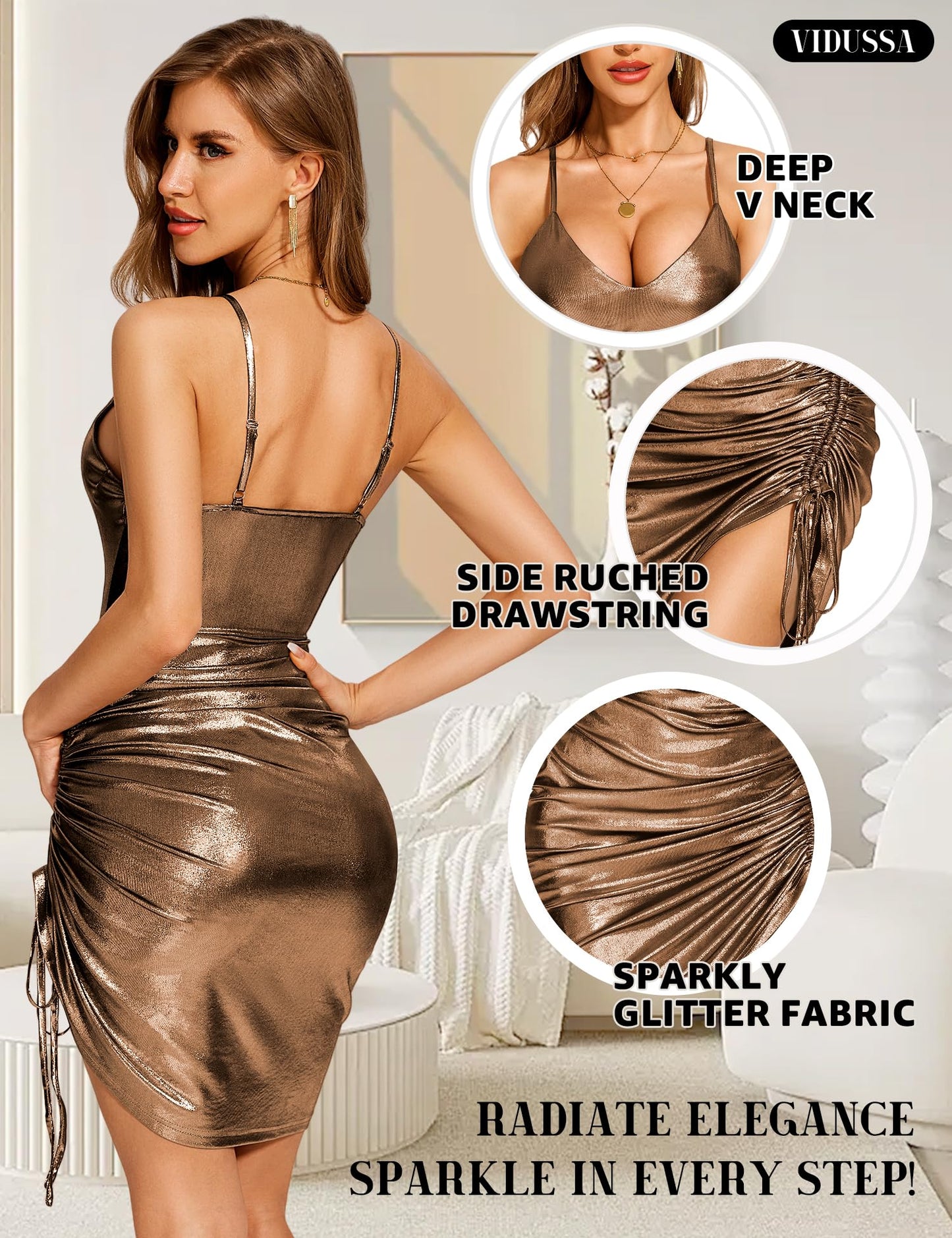 VIDUSSA Glitter Sparkly Dresses for Women - Spaghetti Strap V Neck Metallic Dress Ruched Bodycon Midi Cocktail Party Cami Dress Bronze Large